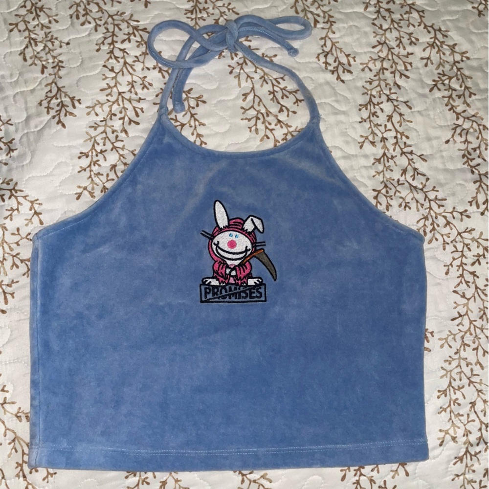 Broken Promises x Happy Bunny Reaper Bunny Blue Fuzzy Crop Halter Top medium